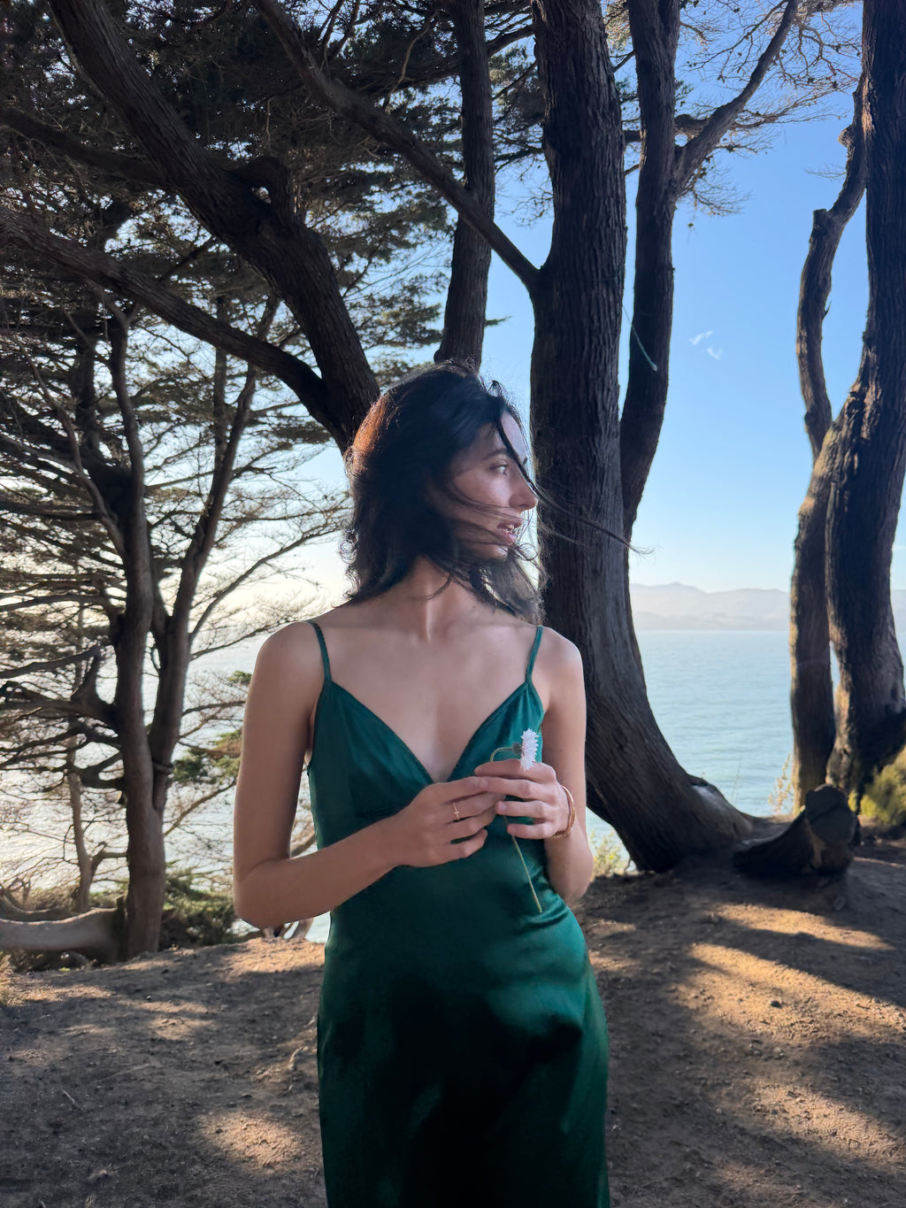 Front view of ivy green silk slip dress.