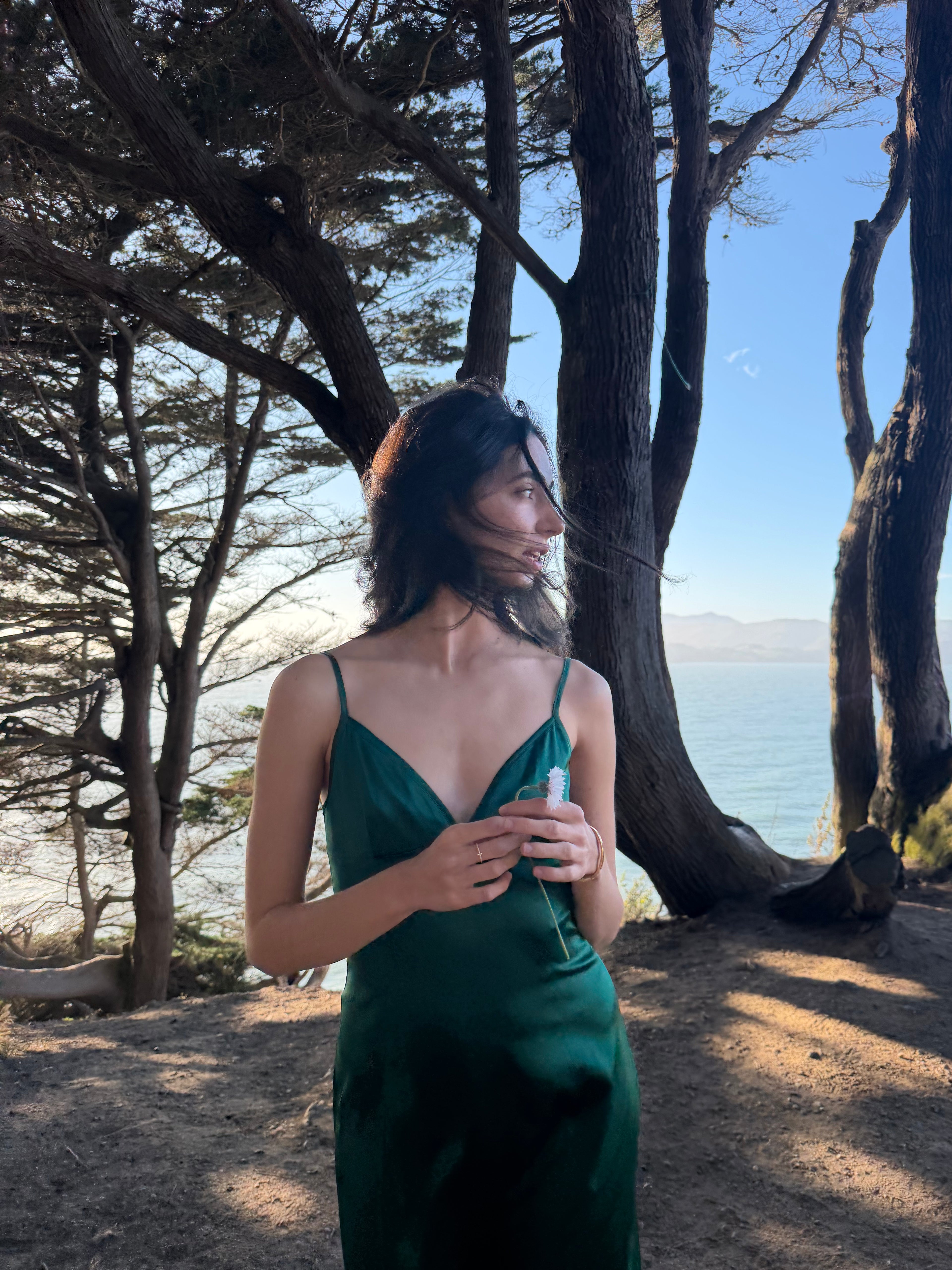 Front view of ivy green silk slip dress.
