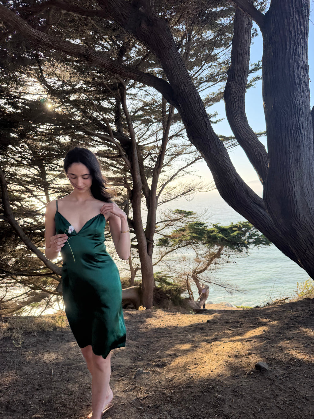 Front view of ivy green silk slip dress.
